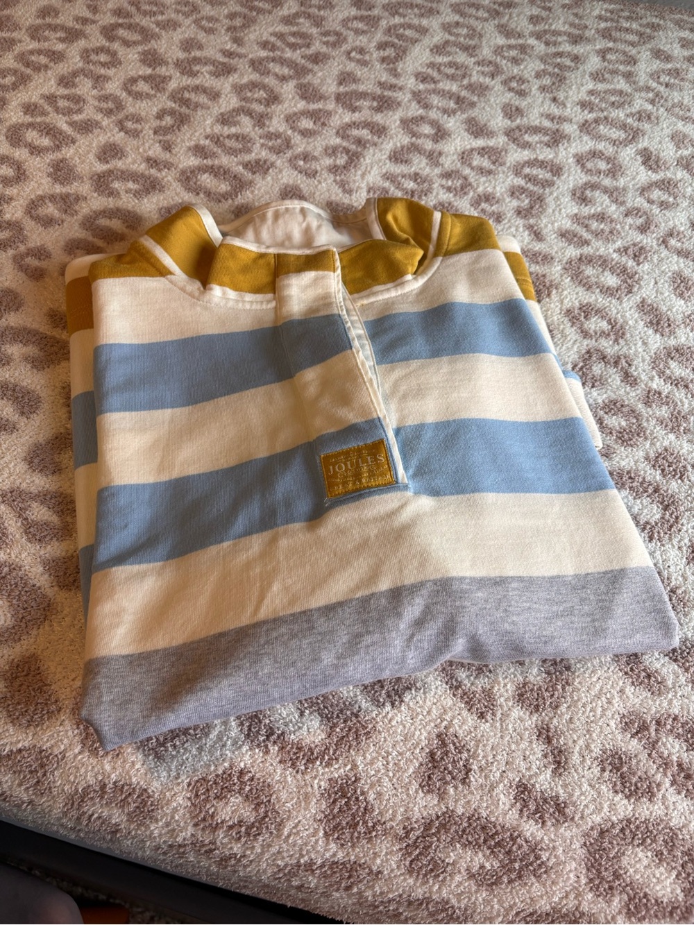 Joules Blue, White & Gray Striped Rugby Top with Mustard Accents
